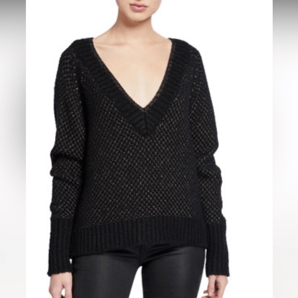Veronica Beard Mirnie Black Metallic Chunky V-Neck Sweater Alpaca Wool Blend S